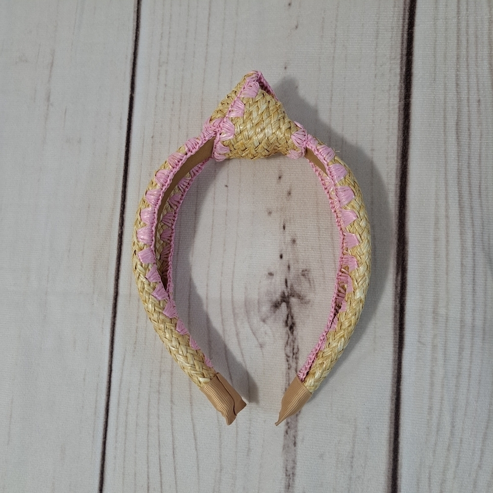 Raffia Knot Woven Straw, Natural And Pink Headband